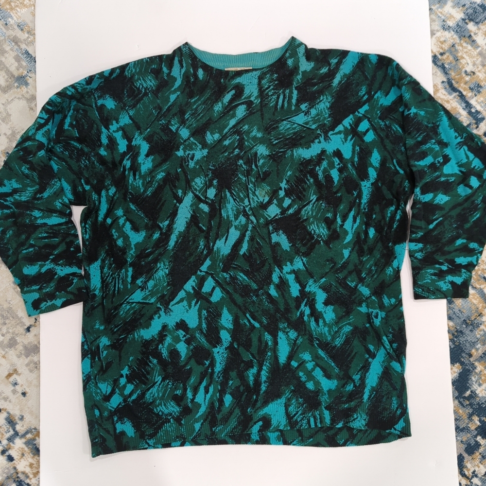 Levante Vintage Abstract Green Black Sweater  100% Wool - Women's Large Oversize